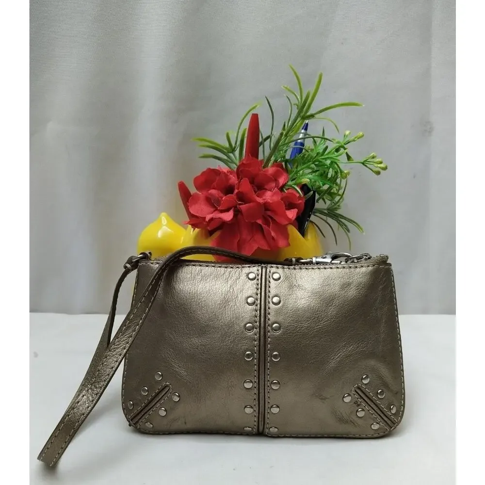 Michael Kors Altor Gray Bronze Leather Studded Zipper Wristlet - Coin Wallet